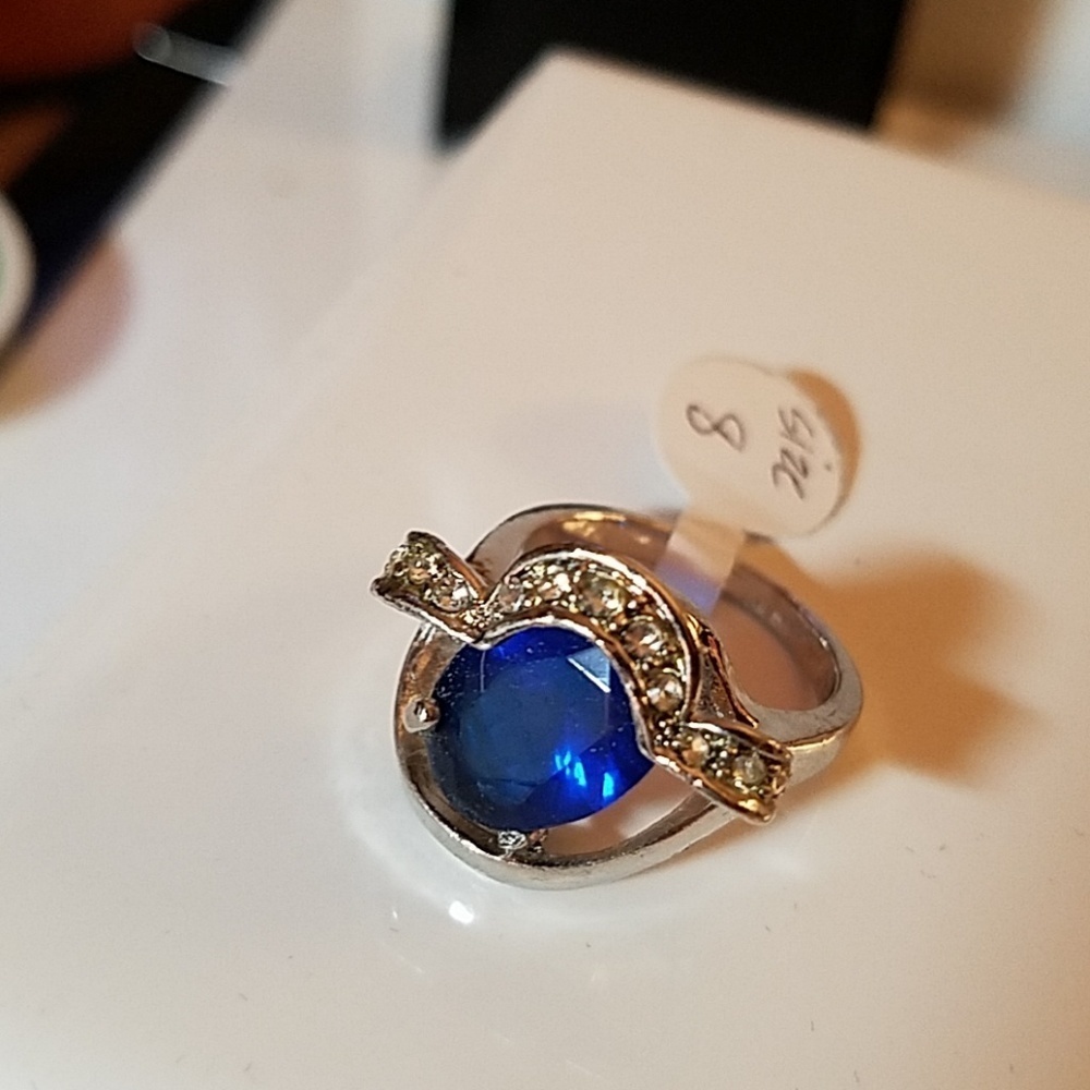 Sapphire Faux Rhinestone Silver Tone Ring Size 8